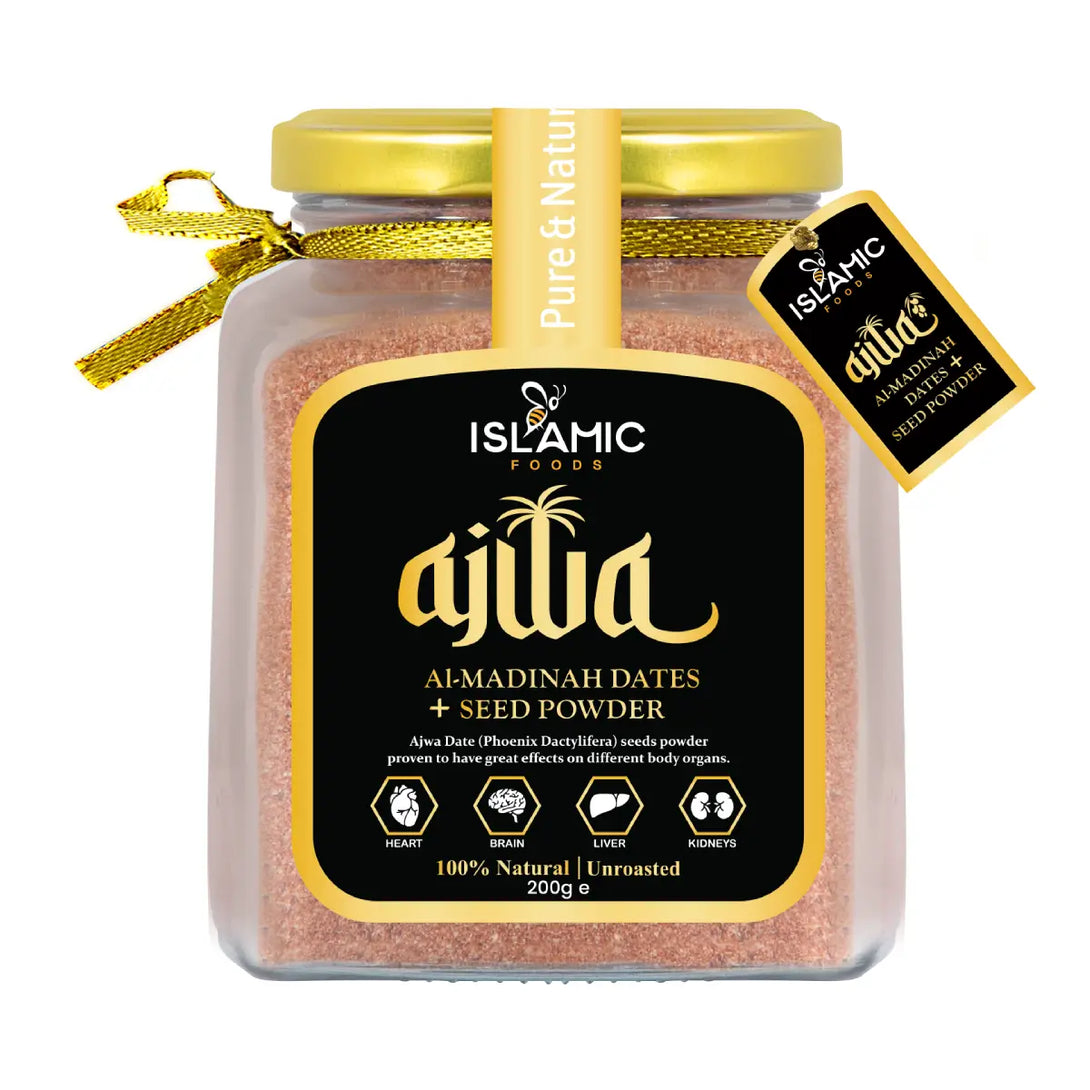 Jar of Ajwa Al-Madinah Dates + Seed Powder with gold lid and label on a white background