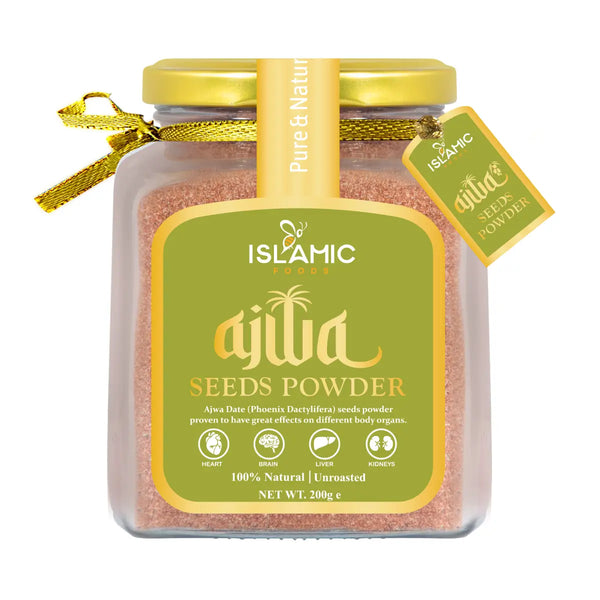 Jar of Ajwa Seeds Powder with a green label on a white background