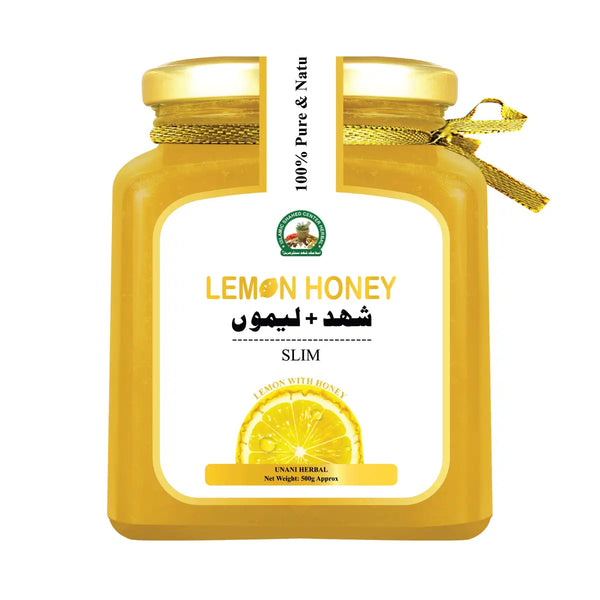 Yellow bottle of lemon honey with a white label on a white background