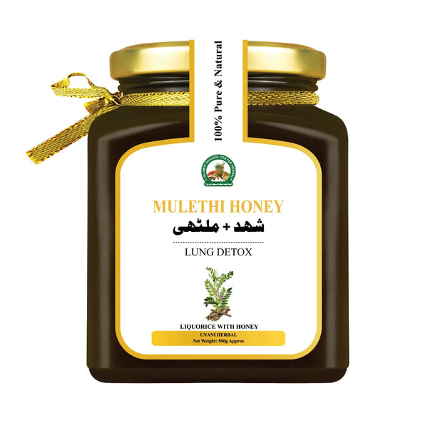 Jar of Mulethi Honey with a gold lid on a white background